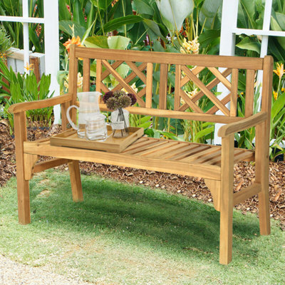 Patio Foldable Bench With Curved Backrest And Armrest