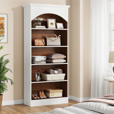 70.86" 5-Tier White & Oak Vintage Library Bookcase For Living Room, Office, Bedroom