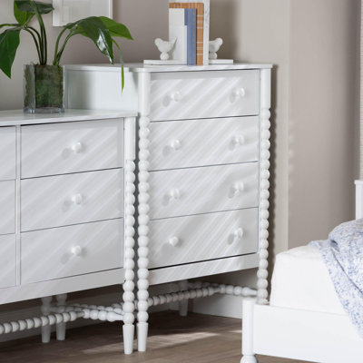 Baxton Studio Brantley Spindle Chest - 4-Drawer Vertical Storage Cabinet with Beaded Frame and Elevated Base for Bedroom, White
