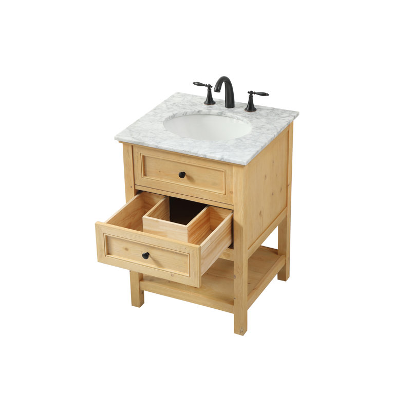 24'' Single Bathroom Vanity with Carrara Marble Top, Natural Wood