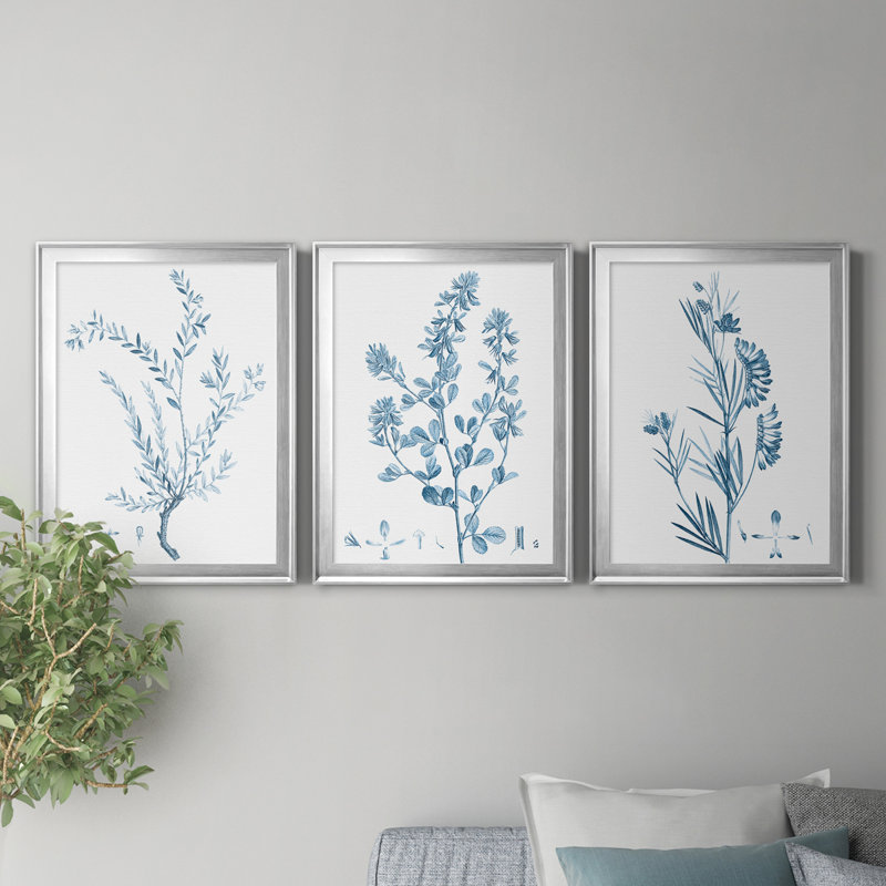 Antique Botanical In Blue VII - Ensemble de 3 peintures sur toile encadrées, Argent, H 18,5 po x l 73,5 po x P 1,5 po