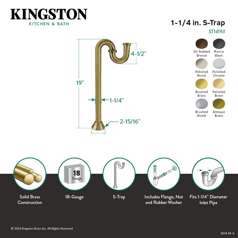 Kingston Brass Vintage 1-1/4 Inch Brass S-Trap, 18 Gauge, Polished Nickel