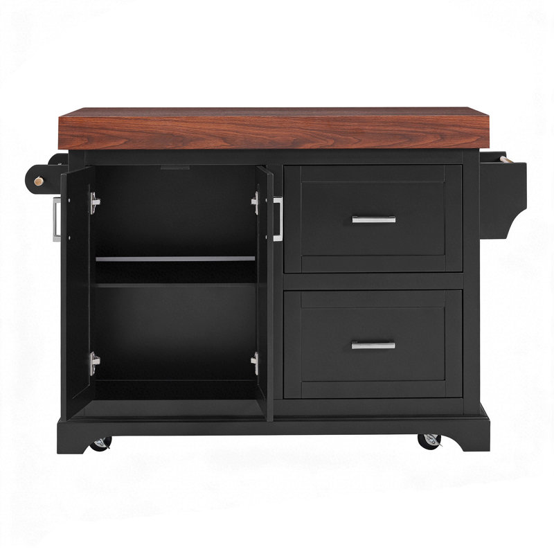53" Large Kitchen Island With 3.5" Thick Desktop, Spice And Towel Racks, Rolling Kitchen Island With Storage On 5 Wheels, 2 Extra-Large Drawers, For Home, Kitchen, Dining Room, Black