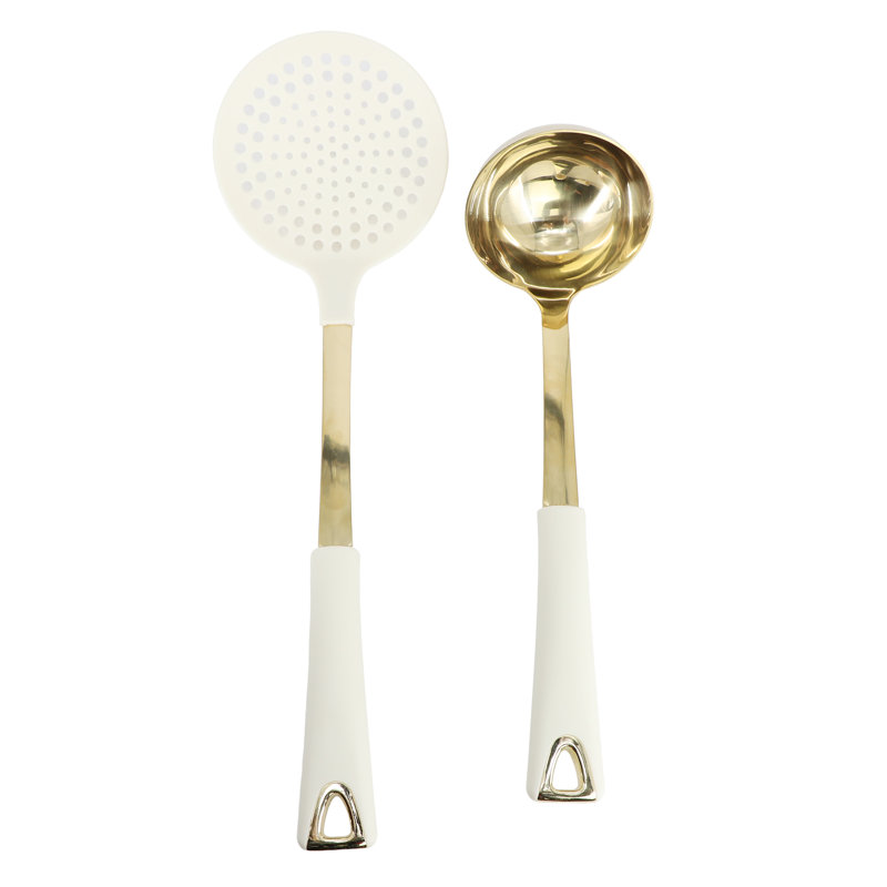 Martha Stewart Lockton 2 Piece Stainless Steel Skimmer and Ladle Kitchen Tool Set in Linen w/ Gold