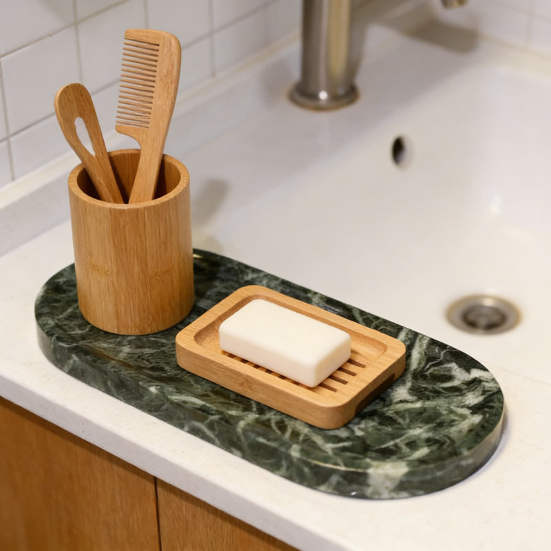 Plateau décoratif en marbre naturel pour meuble-lavabo, salle de bain et rangement de comptoir de cuisine | Organisateur de pierre fabriqué à la main pour bijoux, parfums et bougies