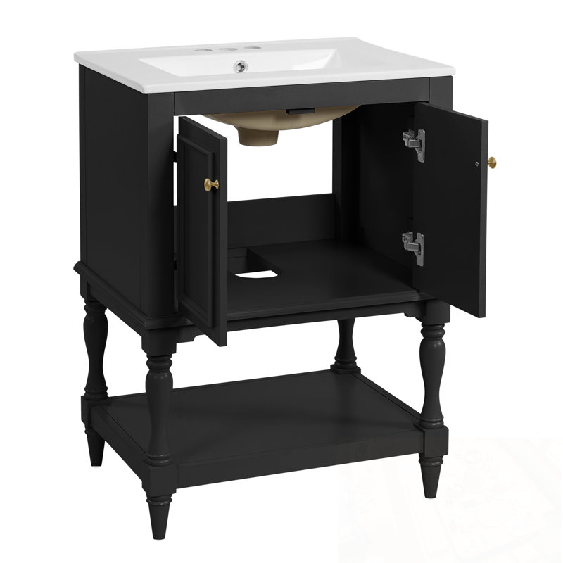 Bathroom Vanity with Sink, 2 Doors and open shelf, Black/Gold