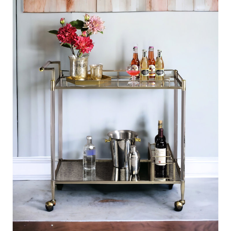 Antique Mirror & Brass Accented Serving Cart - 2 Shelves Of Tempered Glass, Wine Stand, Metal Frame With Acrylic, 4 Wheeled For Mobility, Simple Assembly Process Wire Finish 31"L X 14"W 24"H 5Mm