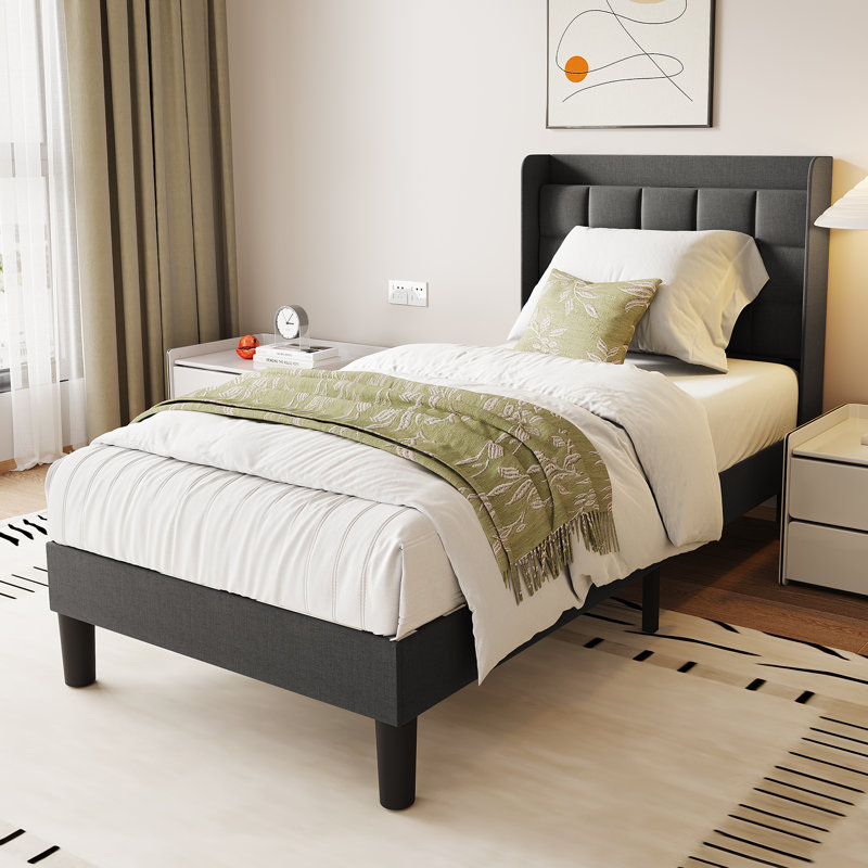 Linen fabric soft bed frame with USB charging port, Grey, Single (3')