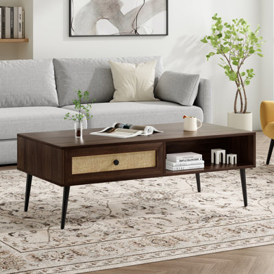 Table basse de style Mid-Century moderne, console rectangulaire de 47 pouces avec tiroir et tablette, table basse en bois pour salon, bureau, noyer