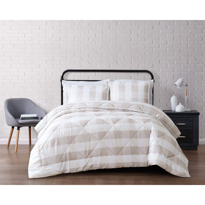 Ensemble de style campagnard en microfibre Buffalo, Édredon très grand et 2 taies décoratives, Tissu écossais kaki