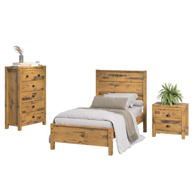 Hibir Farmhouse Set Of 3 Items For Bedroom, One Twin Bed, One Tall Chest Of 5 Drawers  And One Nightstand With 2 Drawers Solid Wood Rustic Style