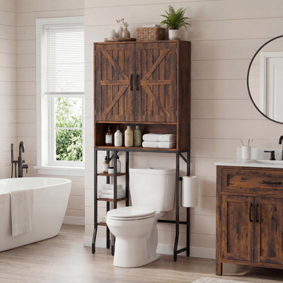 Au-dessus de la toilette, armoire de salle de bain de ferme de 31 po de largeur avec portes de grange et tablettes réglables, organisateur de salle de bain en bois avec porte-papier hygiénique, économiseur d'espace, brun