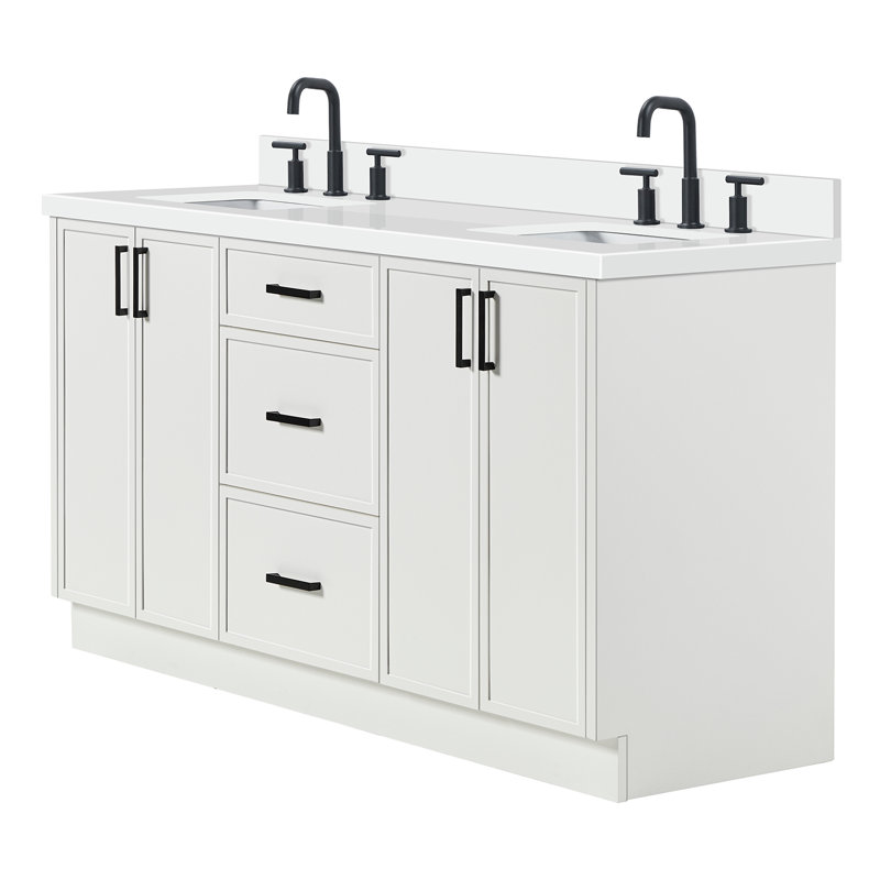 Ariel Kelly 67 Inch Double Rectangular Sink Bathroom Vanity With Pure Quartz Countertop, Gray