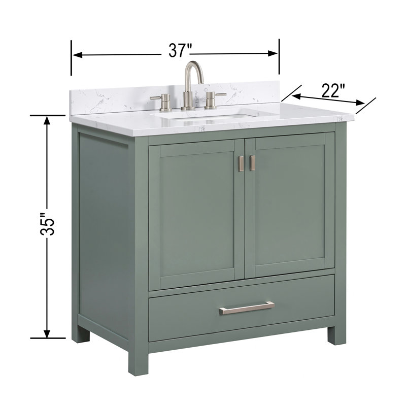 Modero 36" Single Bathroom Vanity with Top, Cala White Marble, Brushed Nickel, Smoke Green