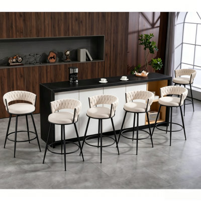 28" Counter Height Bar Stools - 360° Swivel With Suede Fabric & Modern Woven Design, Backrest & Footrest For Kitchen Cafe Pub