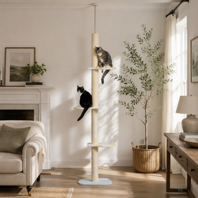 Grande tour à chat à 4 niveaux Pawhut, arbre à chat du sol au plafond, hauteur réglable de 87 à 103 pouces avec plateformes moelleuses, poteaux à griffer en sisal, boule de jeu pour chats d'intérieur