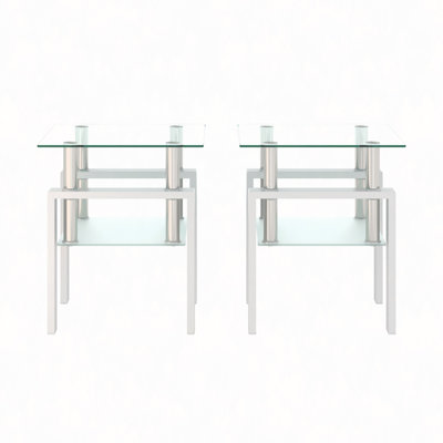 Tempered Clear Glass End Table, 2-Layers Small Table With Storage, Living Room Side Table