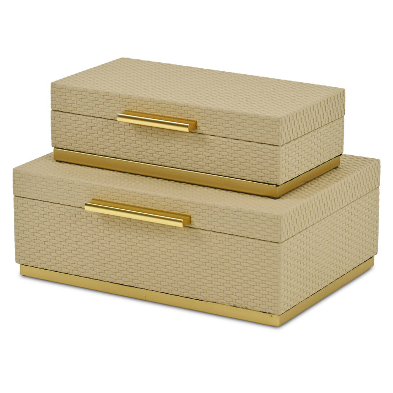 Ensemble de boîtes rectangulaires à motif tissé Tamsin avec quincaillerie dorée, Beige