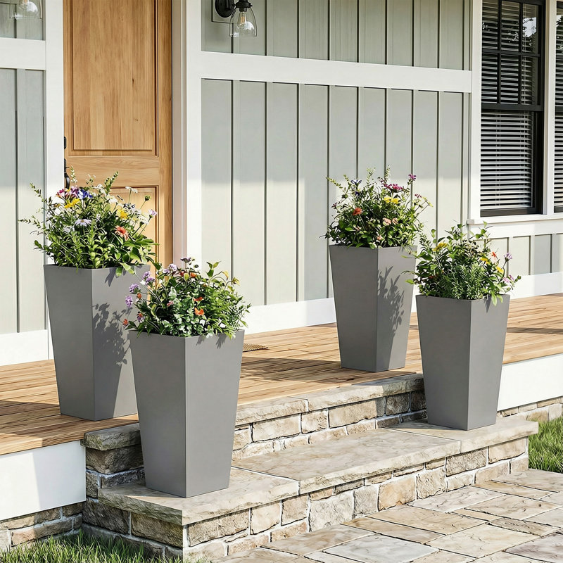 28'' H X 15'' W Indoor/Outdoor Modern Pot Planter with Drainage Hole Metal Large Tall Square Planter for Front Porch Patio