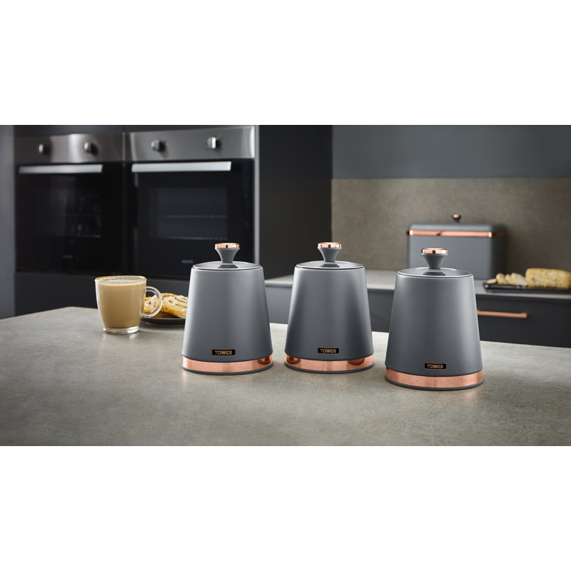Tower Cavaletto Pieces of 3 Storage Canisters for Tea/ Coffee/ Sugar, Steel, Grey