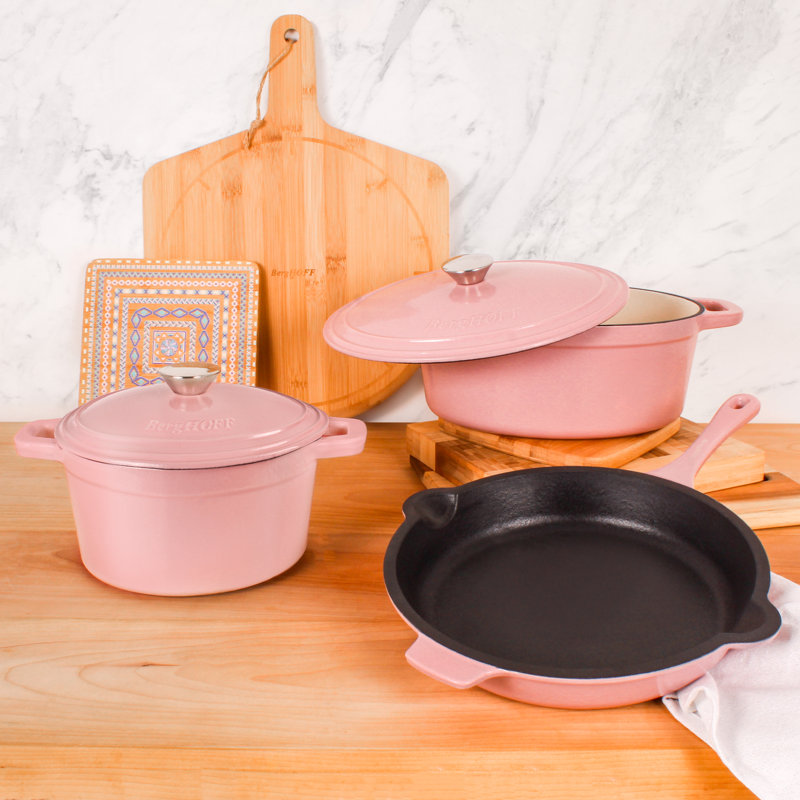 BergHOFF Neo 5Pc Cast Iron Cookware Set with 3Qt., 5Qt. Covered Dutch Ovens, and Fry Pan, Pink