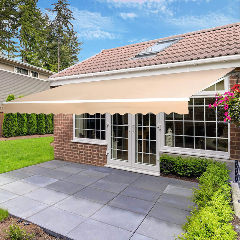 AECOJOY Manual Retraction Slope Patio Awning, 120" W x 96" D, Solid Color, Beige