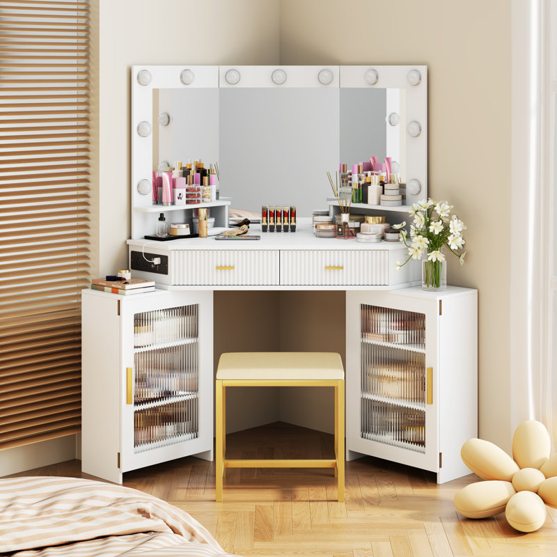 Modern Corner Makeup Vanity Set with Mirror and Cabinets, White