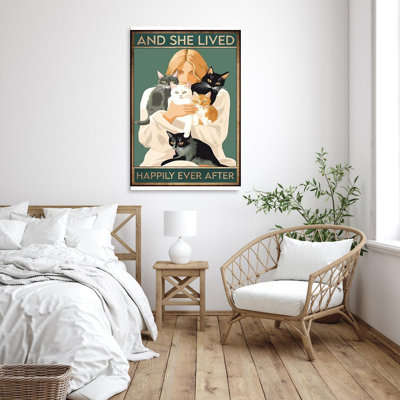 «Cats And She Lived Happily», reproduction de toile rectangulaire sur toile 1 pièce