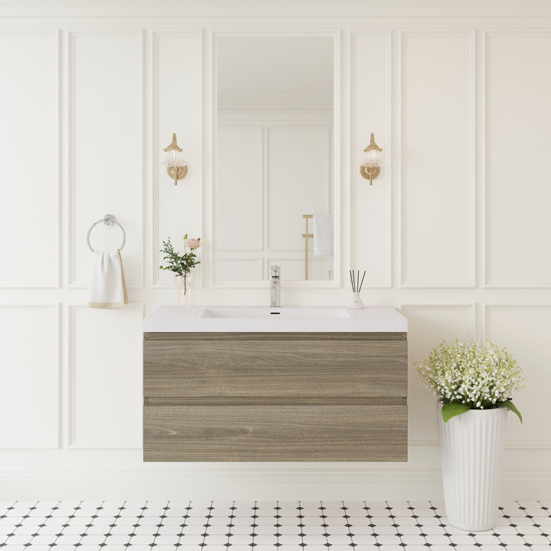 Meuble-lavabo mural de 107 cm (42 po), plateau en surface solide, tiroirs à fermeture amortie, gris cendré, structure durable avec lavabo, meuble moderne, comptoir en résine, gain de place pour une organisation optimale