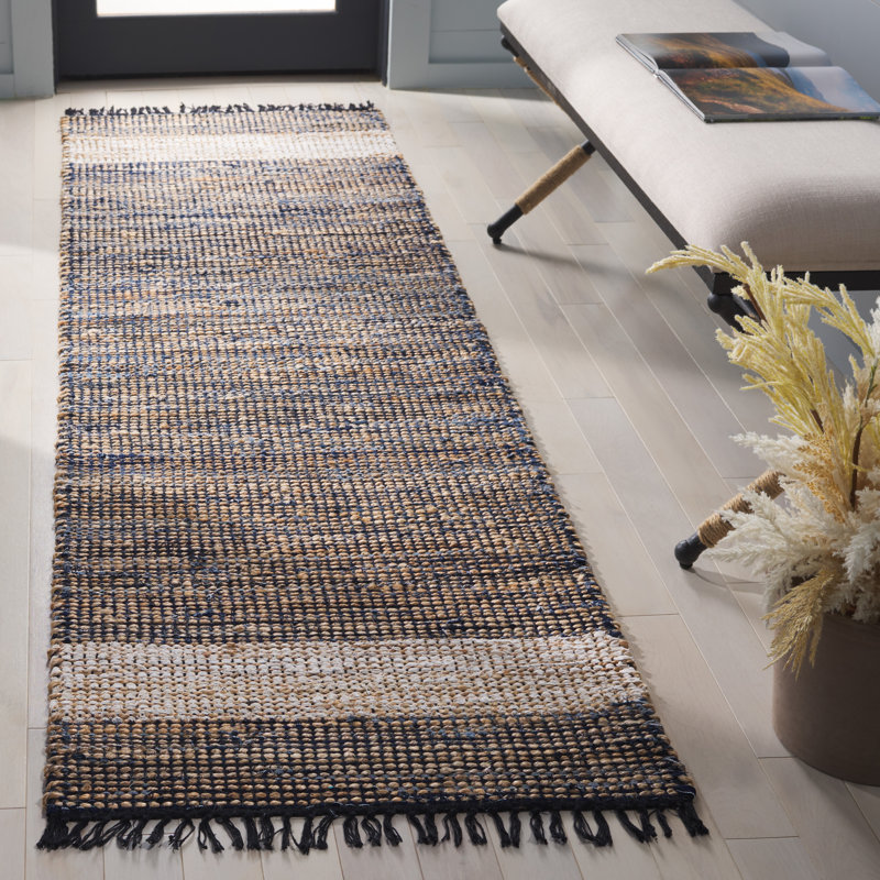 153 Hand Woven Denim/Jute/Cotton Rug in Navy/Beige, Runner 2'3" x 8'