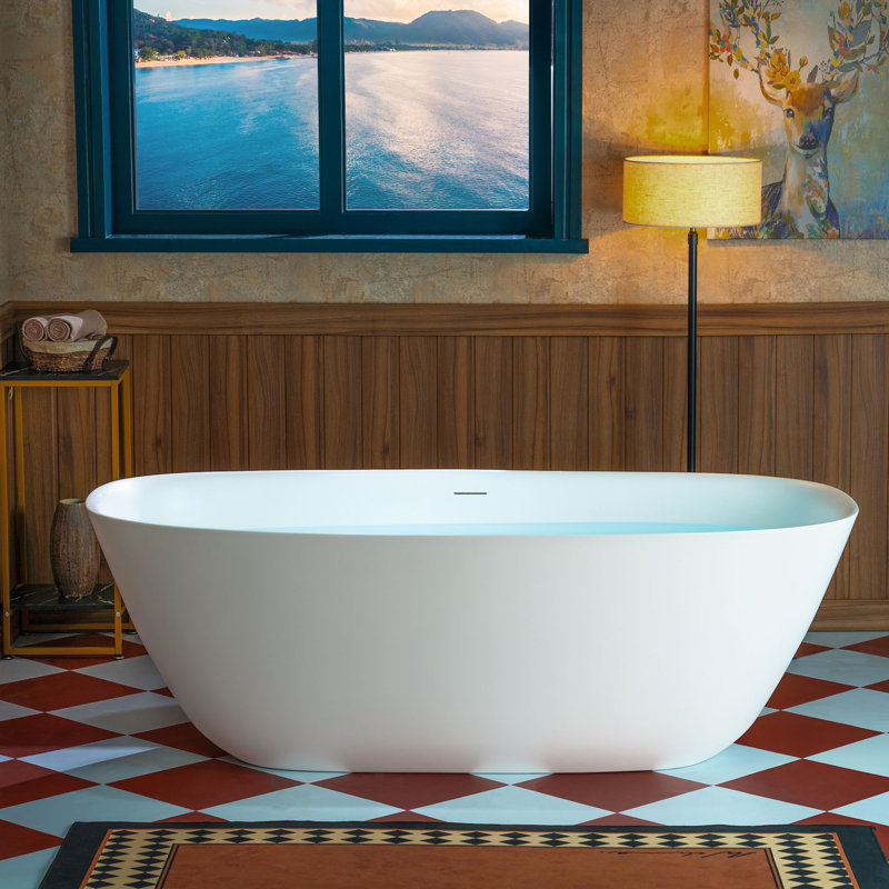 WOODBRIDGE 67“ Stone Resin Freestanding Soaking Tub, Modern Oval Solid Surface Bathtub with Integrated Slotted Overflow & Drain, Matte White