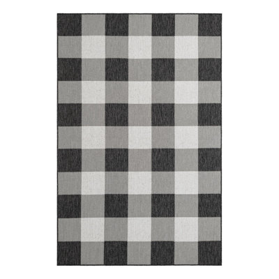 Tatasha Gingham Power Loom Polypropylene Plastic Indoor/Outdoor Area Rug in Black/White