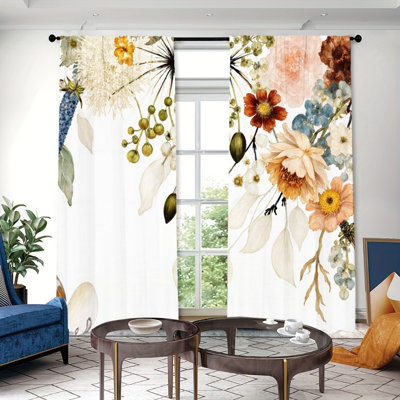 2PCS Botanical Watercolor Floral Print Light Filtering Curtain with Delicate Leaf and Flower Design, Vintage Style Decor, Easy Hang Rod Pocket for Living Room Bedroom Dormitory Decoration