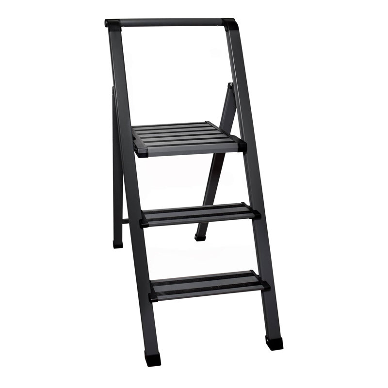 Échelle moderne en aluminium gris à 3 marches Sorfey Premium. Léger, profil ultra-mince, marches antidérapantes, verrou de sécurité, robuste et portable pour la maison, le bureau, la cuisine, la photographie,