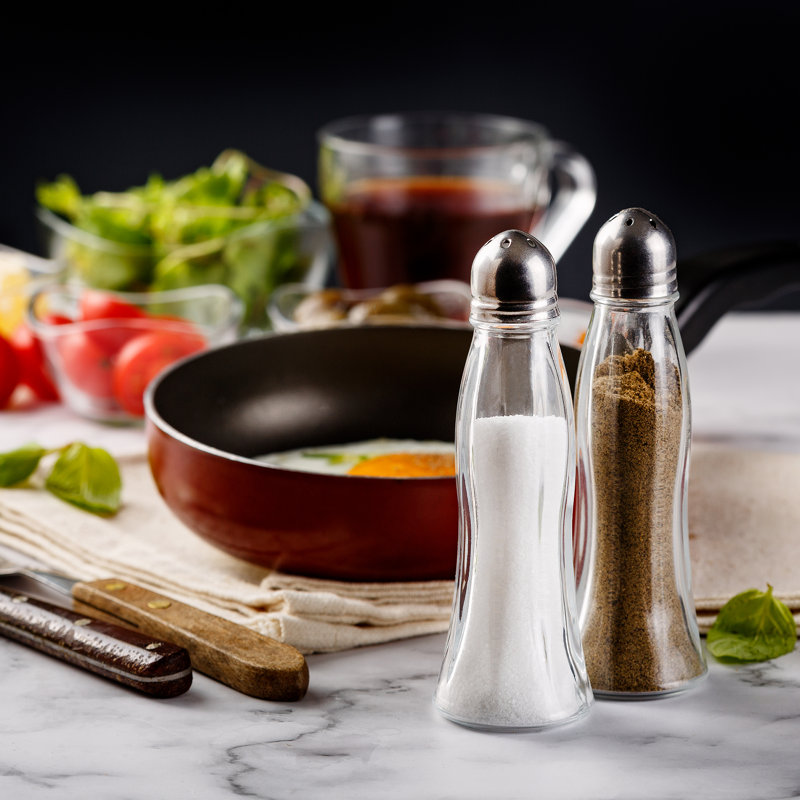 Salt and Pepper Shakers Glass Set, Clear Curved Design, Classic Restaurant Style, Glass Body with Stainless Steel Lids, 4.7 in