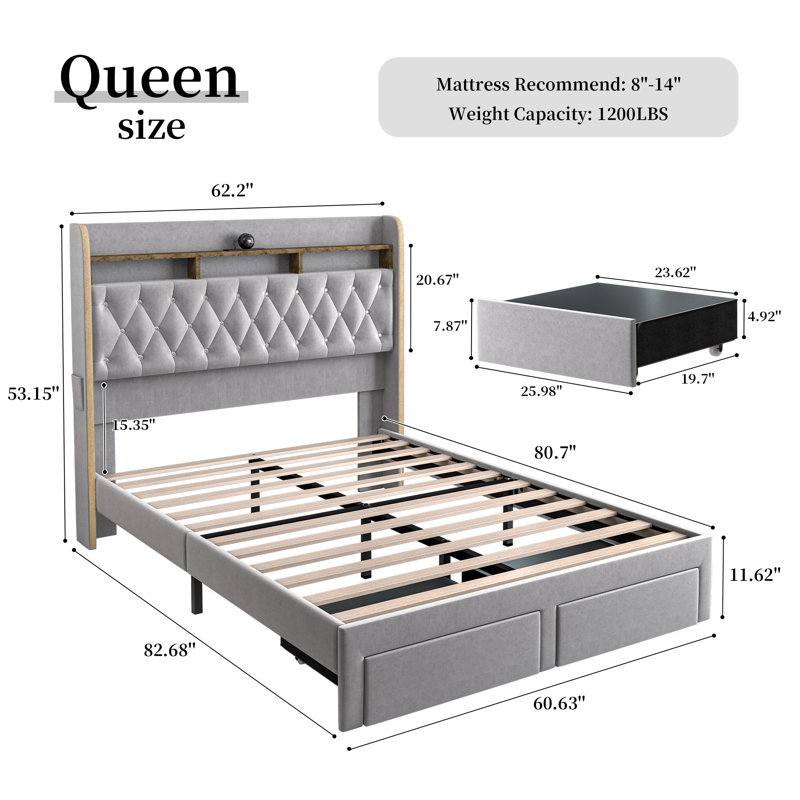 Wingback Upholstered Bed Frame with Galaxy Star Projector Speaker USB, Drawers and Storage Headboard, Gray, Queen