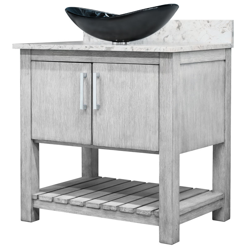 Meuble-lavabo de 30 po avec comptoir en quartz moka et lavabo, quincaillerie chromée, Chrome chrome