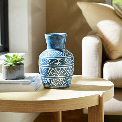 Handcrafted Terracotta Pottery Vase with Flared Neck and Etched Detailing - Decorative Accent Ceramic Artisan Vessel for Modern and Global-Inspired Interiors