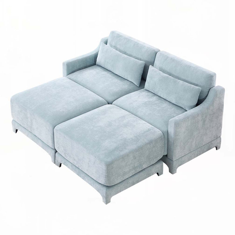Canapé en chenille 2 places avec 2 repose-pieds, Bleu ciel