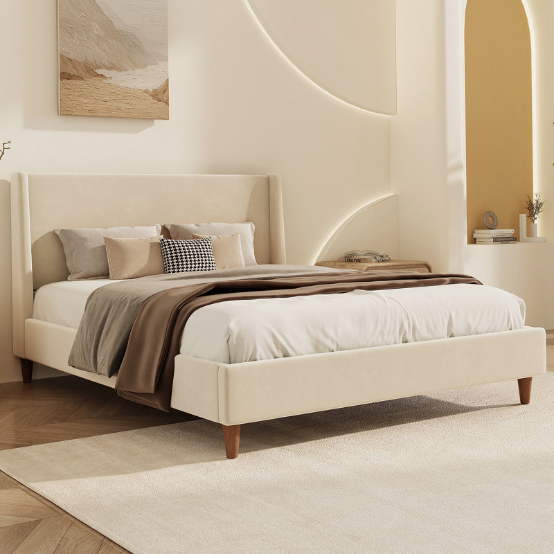 Lit plateforme tapissier moderne avec tête de lit à oreilles, Beige, Très grand