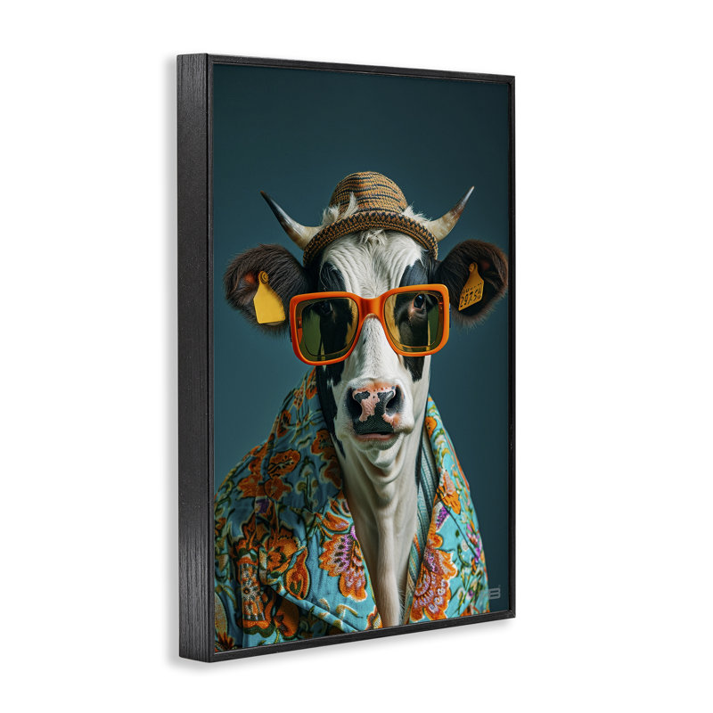 «Cool Trendy Cow Giclee Art» par Roozbeh Bahramali, Giclée encadrée noir minuit, H 24 po x l 16 po