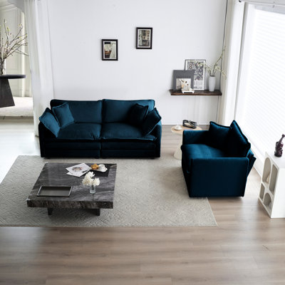 2 places et chaise, chenille bleue. Base en bois massif, tissu en chenille haute, rembourrage en éponge. Créez un salon élégant. Assemblage requis en chenille, décoration élégante
