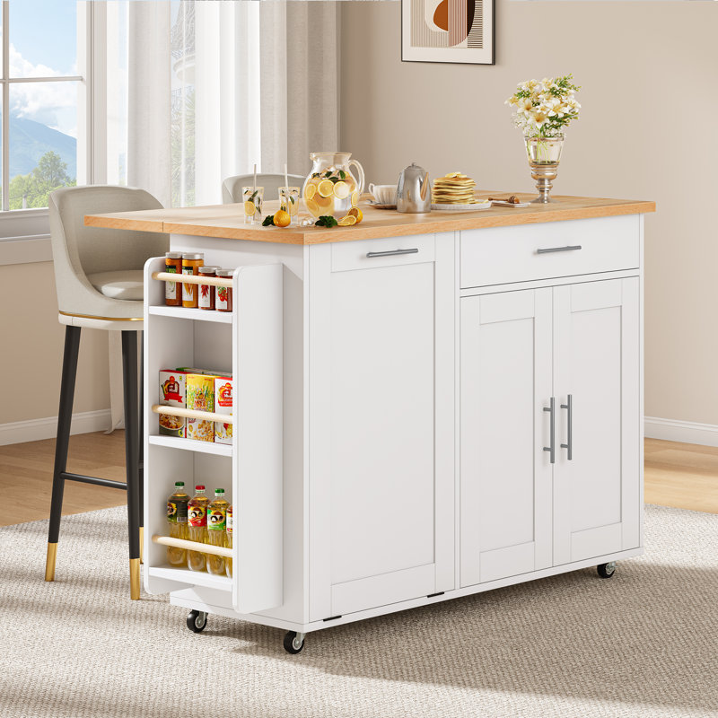 Portable Mobile Rolling Kitchen Island With Trash Can Storage Cabinet & Drop Leaf, Wheels Drawer Cabinet For 13 Gallon Garbage Bin