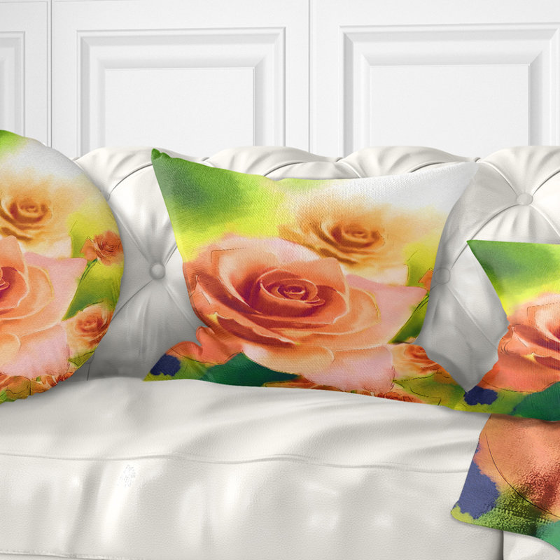 «Beautiful Watercolor Roses on Green» - Coussin décoratif à imprimé floral, 16 po x 1 po, Carré
