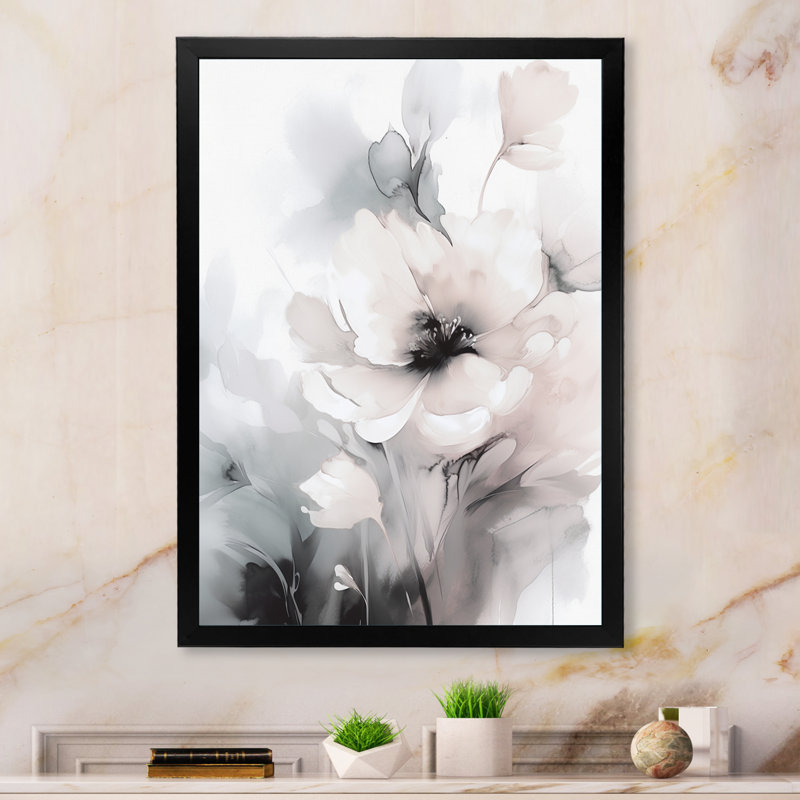 Douces fleurs gris clair I - art mural floral, Cadre photo noir, H 32 po x l 24 po