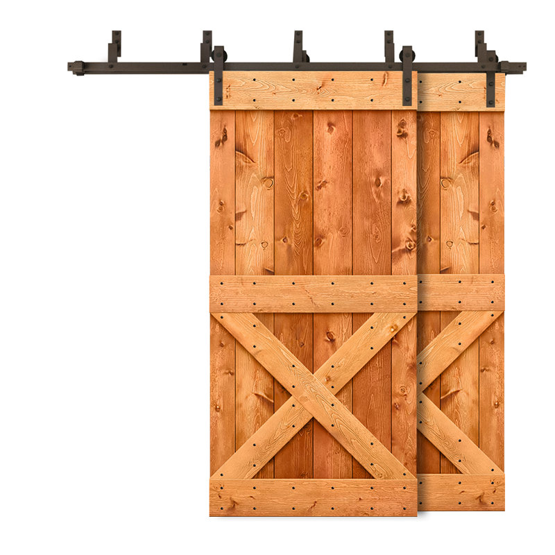 Porte de grange à double bricolage avec panneau coulissant en bois teinté Mini X Series, 40 po x 84 po, Noyer rouge