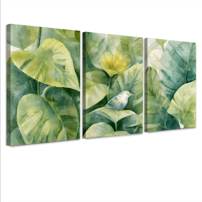 «Tropical Bird and Monstera Leaves», reproduction d'art sur toile tendue sur toile (ensemble de 3), H 30 po x l 60 po
