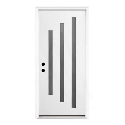 36 X 80 Brush Finished Fiberglass Entry Door With Brickmould,3 Lite Frosted Glass - Modern Style For Home's Front Entrance, 4-9/16 White Vinyl Frame, Right Hand Inswing,White Knock-Down Door