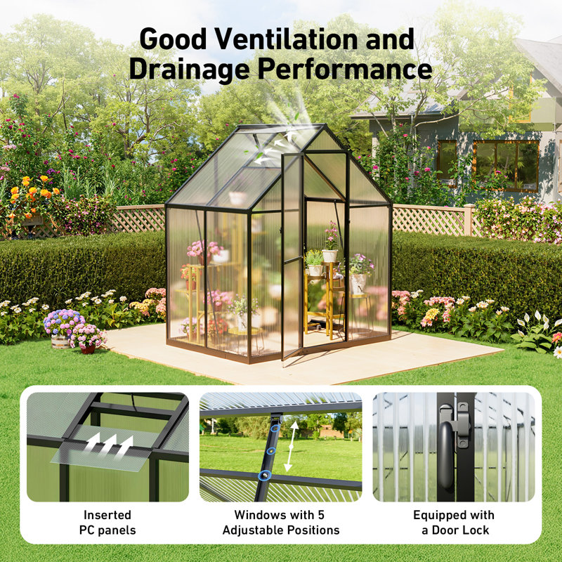 6' x 4' Heavy Duty Walk-In Outdoor Greenhouse, 4mm Twin-Wall Polycarbonate Garden House with 45 MPH Wind Resistant Aluminum Frame & Roof Vent
