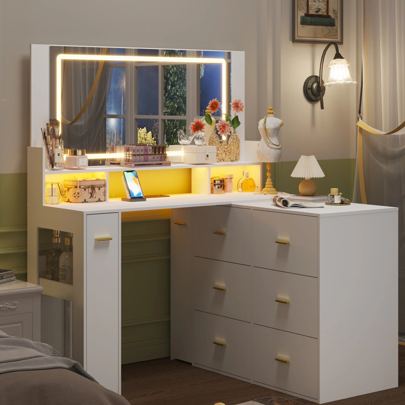 Vanity Desk With Outlet, Big Corner Vanity With Storage, L Vanity